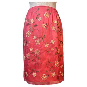 Womens INC Embroidered Silk Skirt Size 6 Floral Pink Lined Zipper